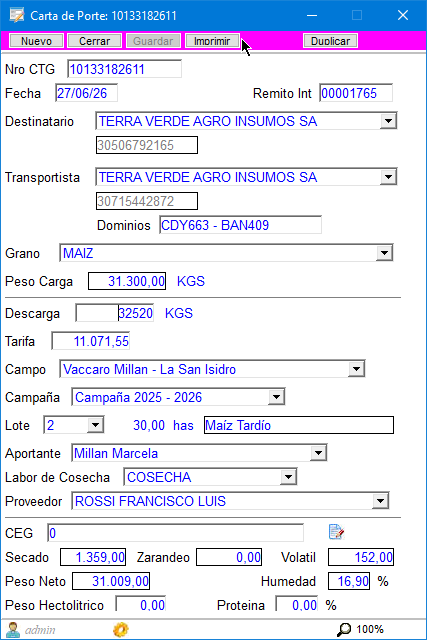 Cosecha y Cartas de Porte