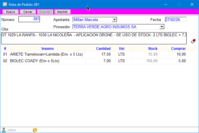 Notas de Pedido y Logística de Insumos